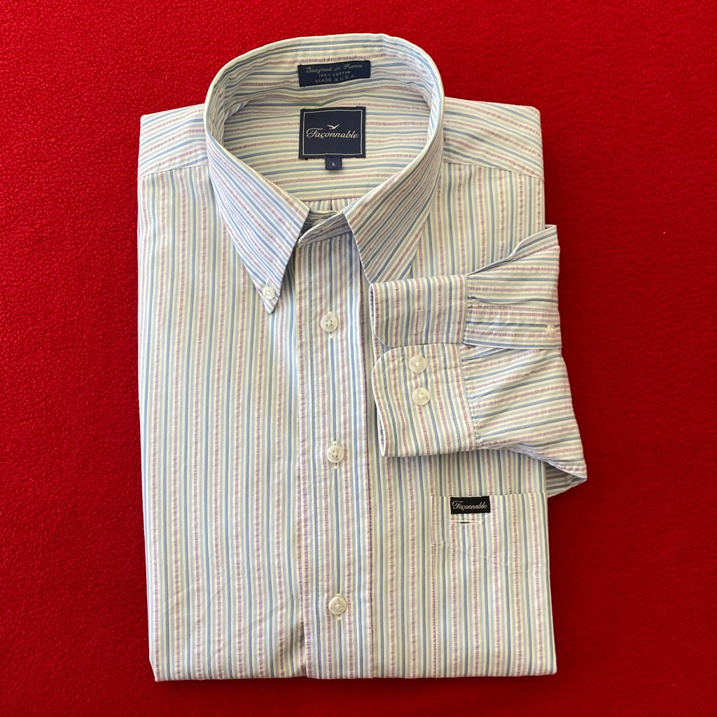 Faconnable Striped Shirt Usa Made Buttoned Collar White Blue Purple Front Pocket